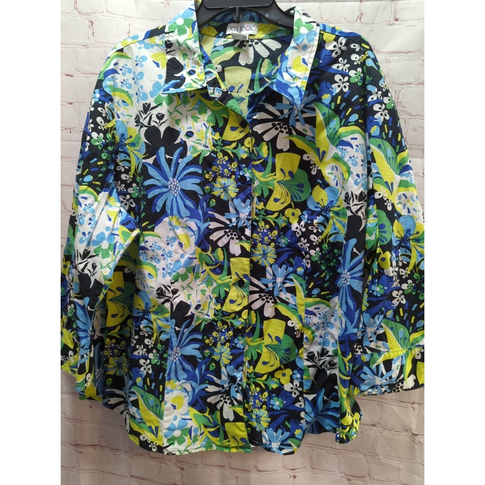JG Hook women 3X button front shirt pintuck pleats blue green floral 3/4 sleeve